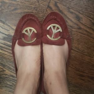 Burgundy suede loafers w/ peace sign